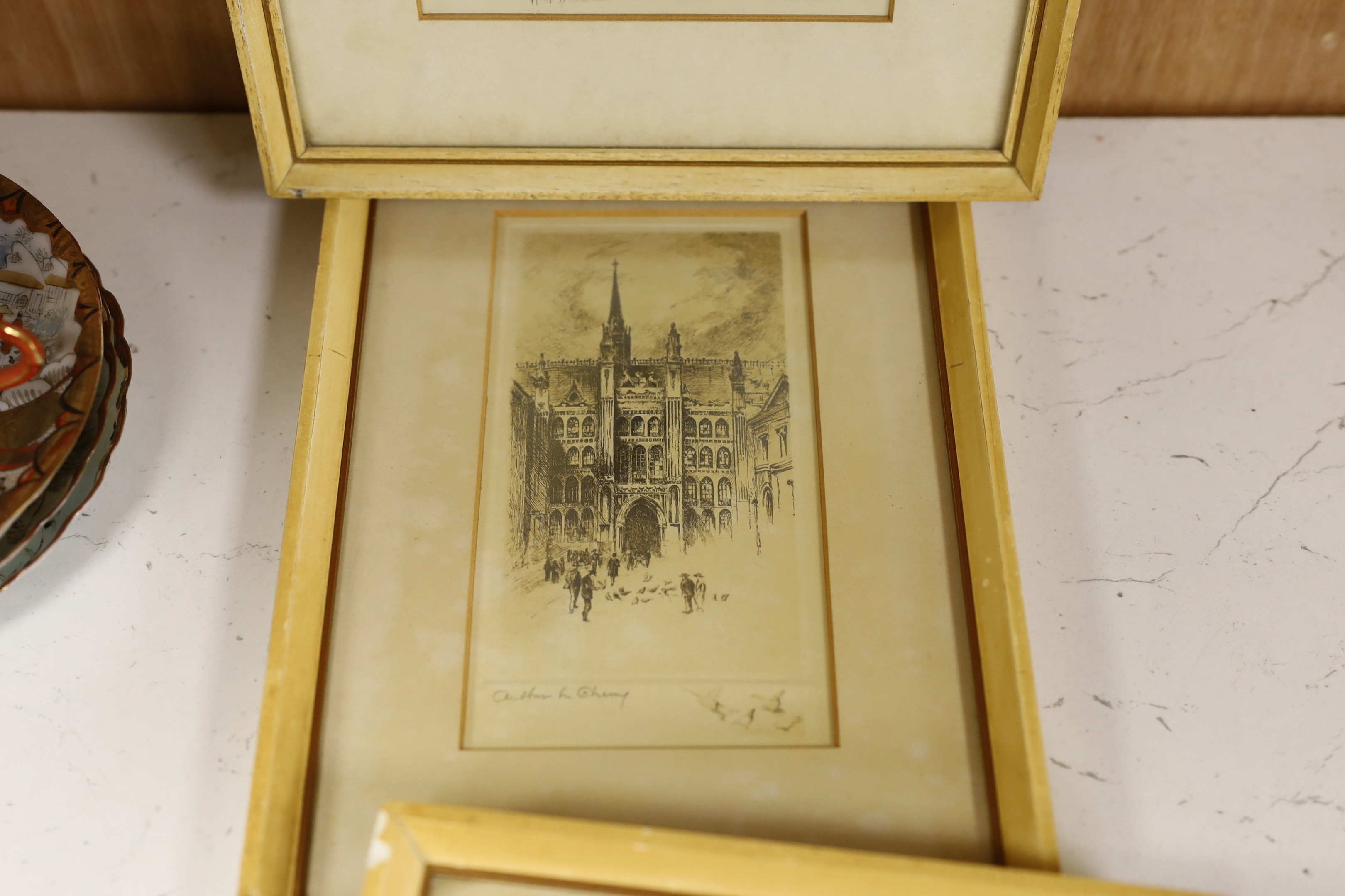H.B. Andrews (fl.1920's), pencil drawing, 'Sergeants in Fleet Street', signed, 9.5 x 11cm, and three printed Views of London by Arthur Cherry